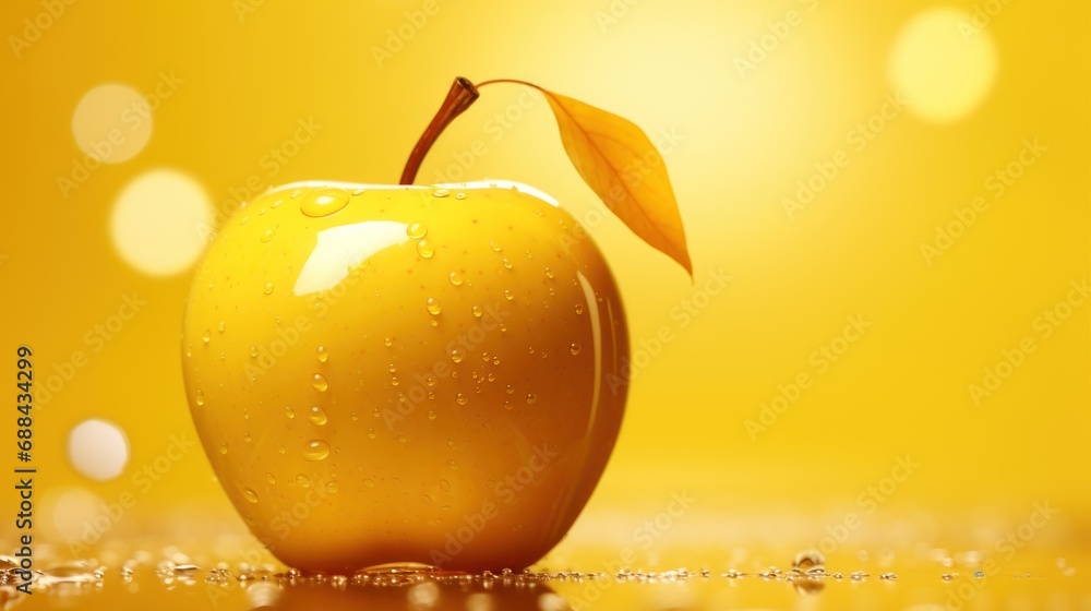 Poster a yellow apple with a leaf sticking out of it's center sits on a shiny surface in front of a bright 
