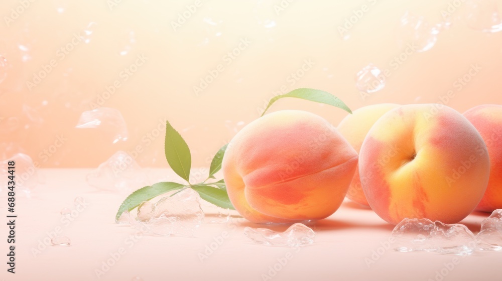 Canvas Prints  a group of peaches sitting on top of a table next to ice cubes and a sprig of green leaf.