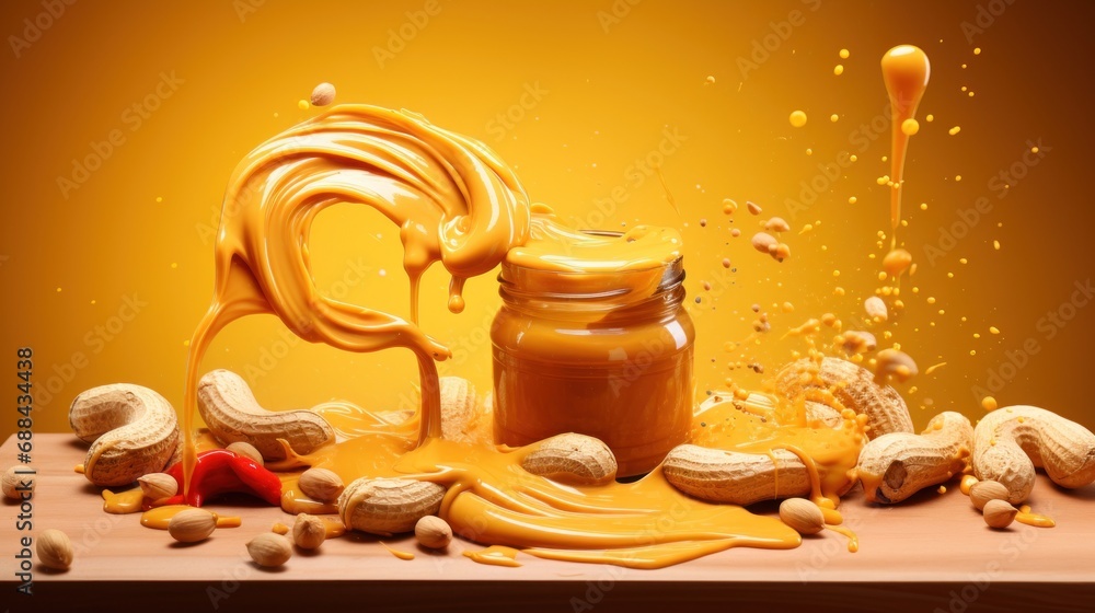 Poster a jar of peanut butter sitting on top of a table next to a pile of peanuts and a jar of peanut butte