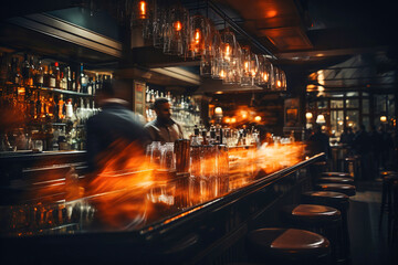 Cozy and atmospheric bar at night with a row of bar stools.