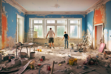 A couple of men working in a room under construction. - obrazy, fototapety, plakaty