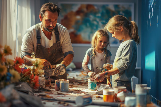 A family is repainting and renovating a room together.