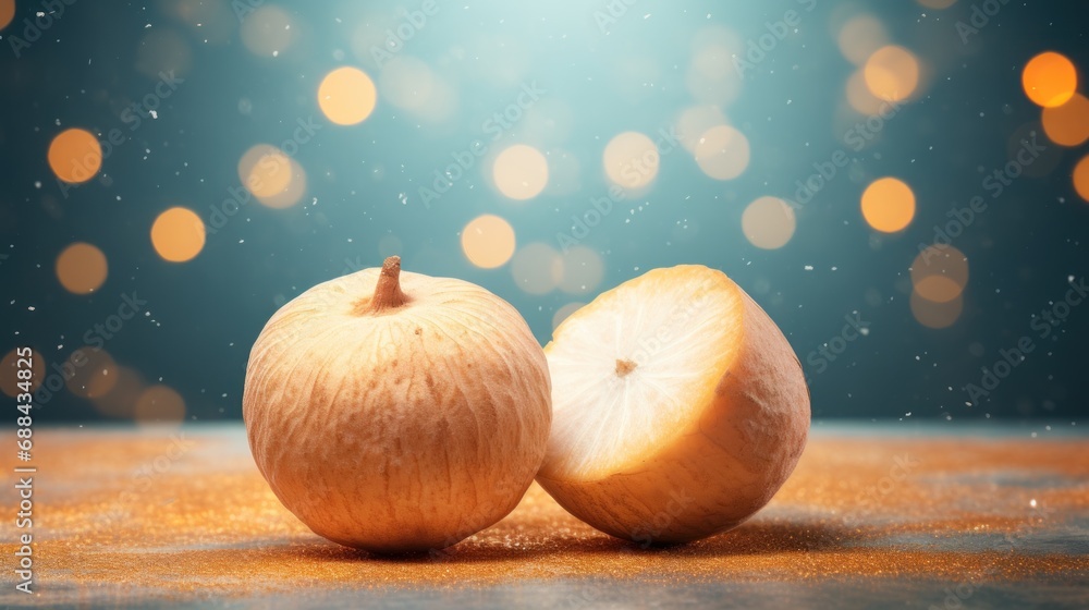 Poster a close up of an apple on a table with a blurry background and boke of lights in the background.