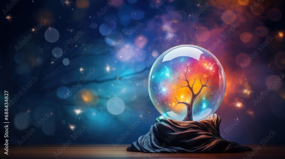 Poster a snow globe with a tree inside of it on top of a wooden table in front of a blurry background.