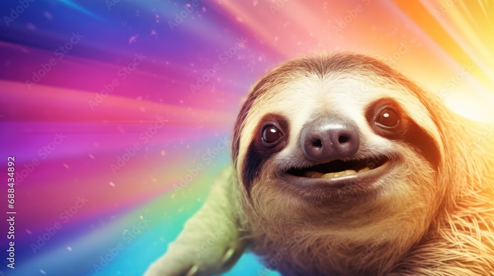 Aufkleber a close up of a sloth with a rainbow light in the background and a starburst in the foreground.