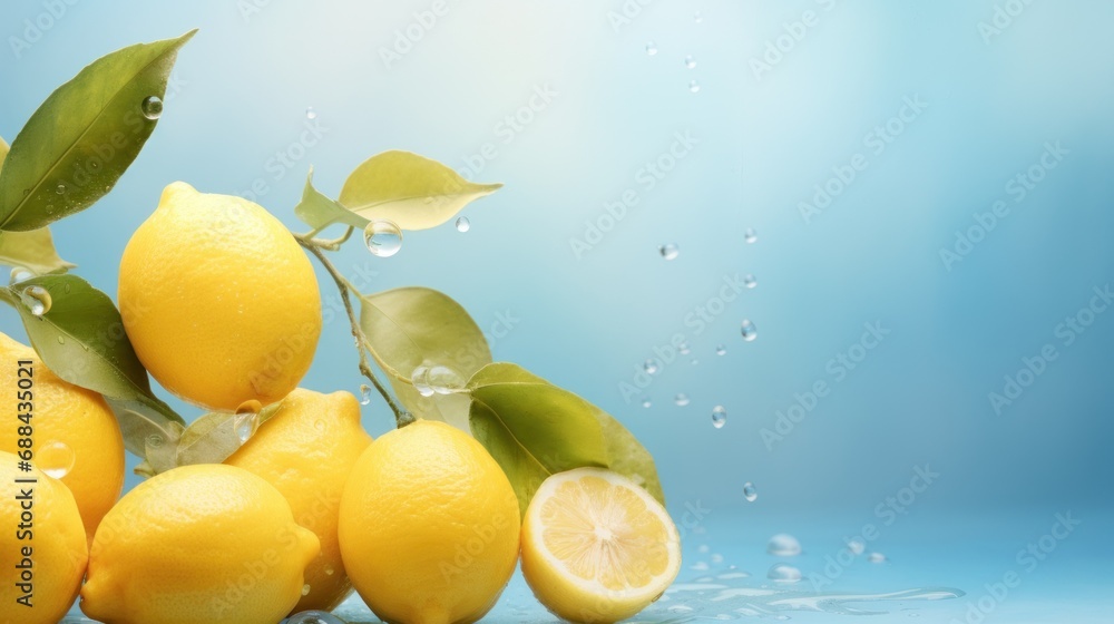 Aufkleber a group of lemons with leaves and water splashing around them on a blue background with a splash of 