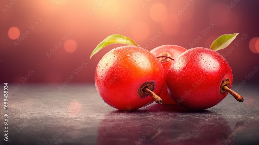 Poster a close up of two cherries on a table with a blurry back ground and a boke of lights in the backgrou