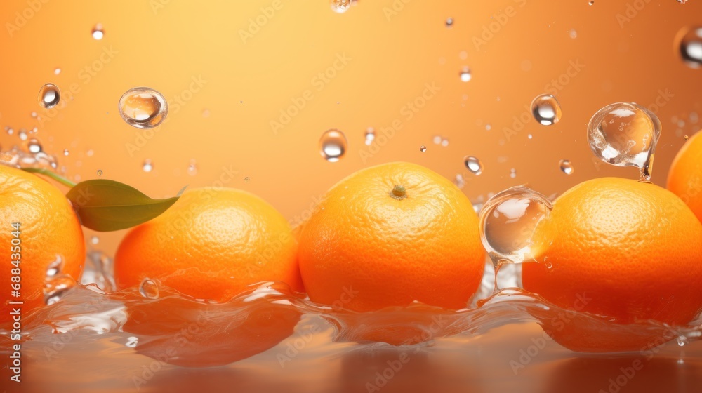 Poster a group of oranges sitting on top of a table with water splashing off of the top of them.