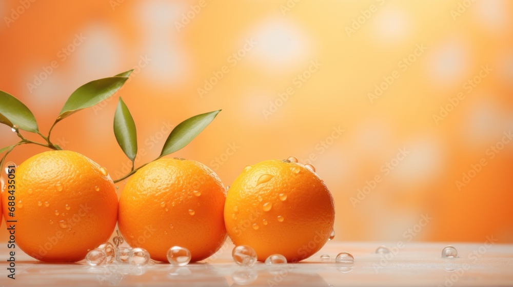 Poster a group of three oranges sitting on top of a table next to a green leaf on top of it.