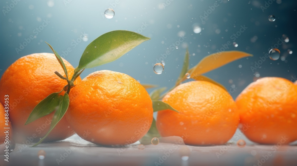 Poster a group of oranges sitting on top of a table next to each other with water droplets falling on them.