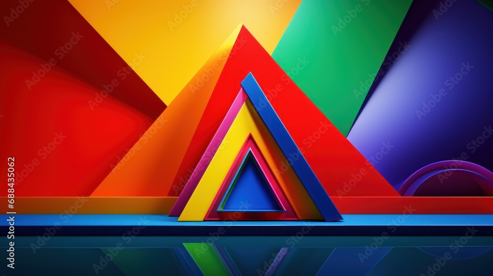 Poster a multicolored abstract painting of a triangle with a reflection on the surface of a body of water i
