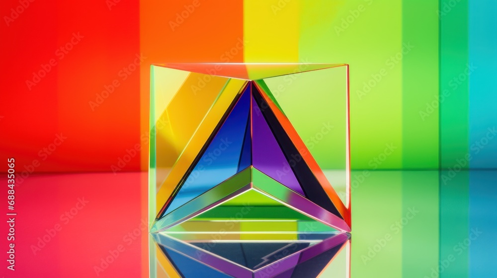 Poster a multicolored glass vase with a reflection of a pyramid on the bottom of the vase, in front of a mu