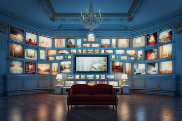 A large television in a room with a lot of monitors on the wall. - obrazy, fototapety, plakaty