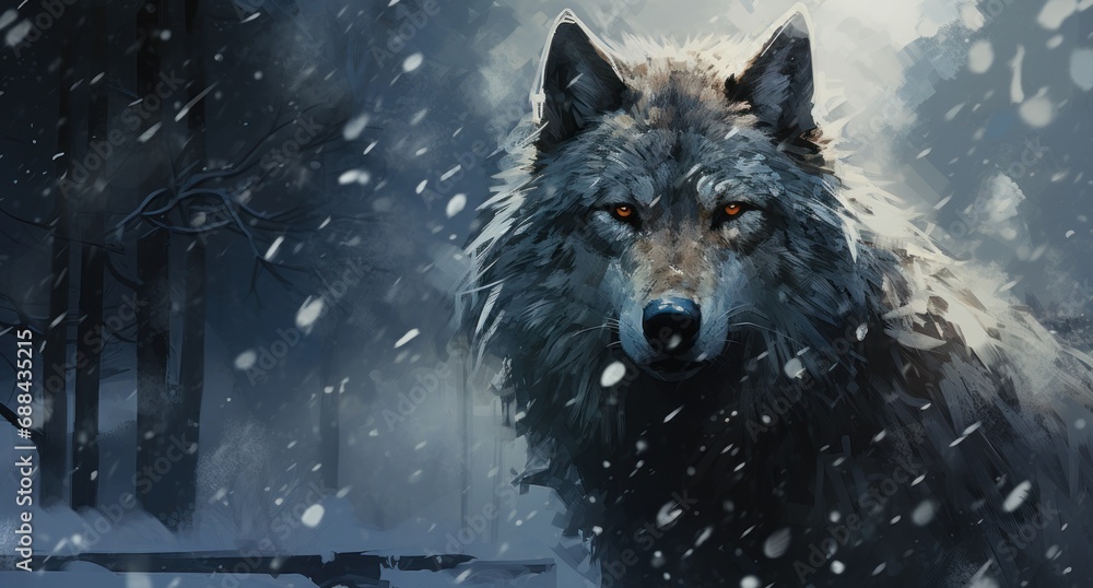 Poster a wolf standing in the snow in front of a forest with snow falling down on it and a bench in the for