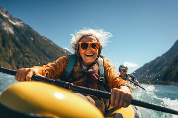 A old woman riding on the back of a yellow raft down a river. - obrazy, fototapety, plakaty