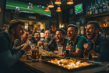A group of friends sitting at a table in a bar and watching football on big screen. - Powered by Adobe
