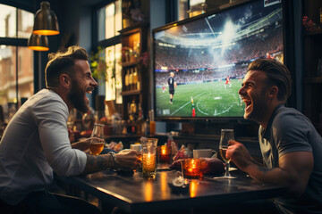 A group of friends sitting at a table in a bar and watching football on big screen. - obrazy, fototapety, plakaty