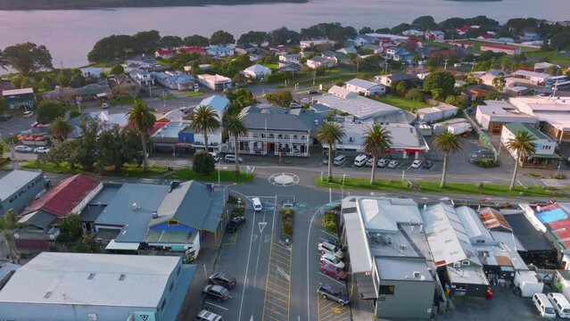 Aerial: Downtown Raglan, Waikato, New Zealand. 21 August 2023