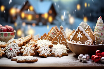 Traditional Christmas gingerbread house and cookies in blue holiday light.