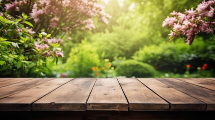 Obraz premium Empty old wooden table with green nature background