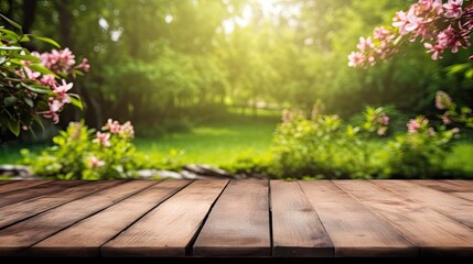 Empty old wooden table with green nature background