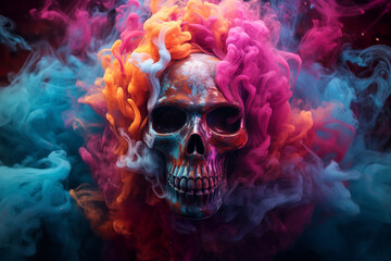  Scary skull emerging from a cloud of colorful smoke, Halloween concept.