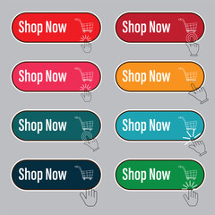 Shop now button with shopping cart.  Modern Online shopping button set.  Set of button shop now.  Shop now, order, buy now button. Vector illustration.