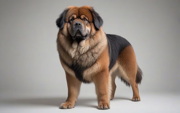 Perro de raza Mastín tibetano de pie sobre fondo blanco, mirando al frente