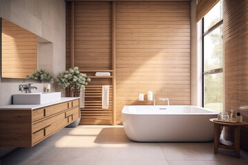 Cozy and warm Bathroom interior decorate with oak wooden floor and wall, bathtub, mirror and sink, minimal Scandinavian stylish decor concept.