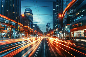 Fototapeta na wymiar Big city street filled with lots of traffic at night. Trails of car lights blurred.