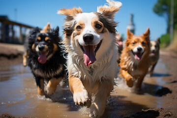 A group of dogs running through a water. - obrazy, fototapety, plakaty