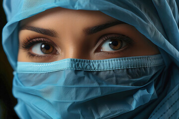 Naklejka premium A woman wearing a surgical mask and blue scrubs.