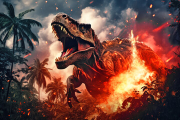 A terrible dinosaur Tyrannosaurus T-rex with an open huge mouth against a background of fire and smoke in the burning primeval jungle. Death of the dinosaurs. - obrazy, fototapety, plakaty
