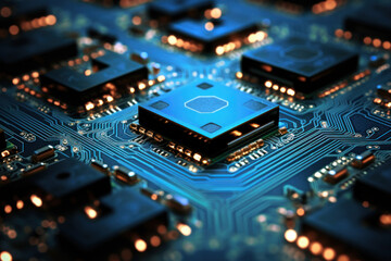 Obraz premium A powerful computer processor or chip on a motherboard. Modern technologies. Blue background. Development of computer technologies.