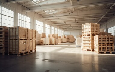 Many crates in large indoor warehouse