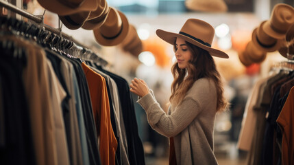 Cheerful pretty young woman buyer choosing clothes from rack in clothing store, blurred background. Cute female shopaholic select and buying clothes in fashion boutique during sale. - obrazy, fototapety, plakaty