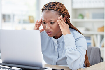 Black woman, laptop and stress headache in office with mistake, fail or error at accounting agency....