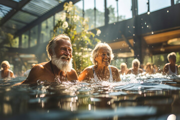 Group of old seniors doing exercises in a pool.
