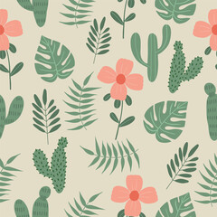 Seamless pattern with tropical leaves, flowers and cactus Hand drawn floral pattern for your fabric, summer background, wallpaper, backdrop, textile. Vector illustration