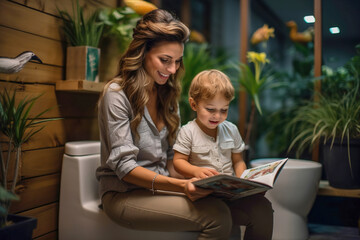 A woman and a child sitting on a toilet and reading book. Funny moment.
