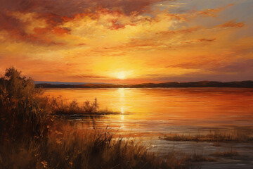 Fototapeta na wymiar Sunset Over the Lake, Oil Painting