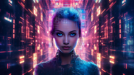 Futuristic cyberpunk portrait of a young woman