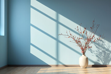 Minimalist background with blue room interior, shadows on the walls.