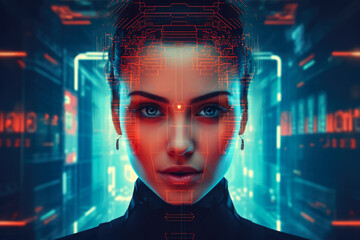 Futuristic cyberpunk portrait of a young woman - obrazy, fototapety, plakaty