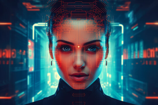 Futuristic cyberpunk portrait of a young woman