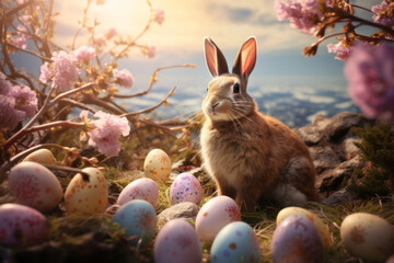 Fototapeta na wymiar Fluffy cute Easter rabbit sitting among flowers and colorful Easter eggs.