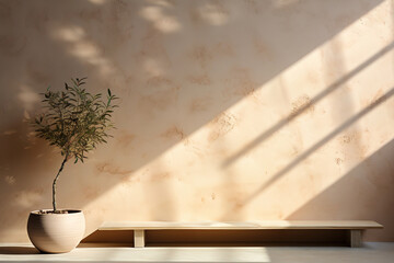 Minimalist background with beige room interior, shadows on the walls.