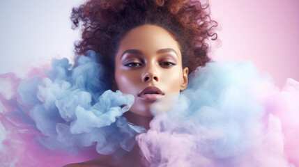 Fashion art portrait of beauty model woman in bright lights with colorful smoke. Smoking girl, Close up of a female inhaling from an electronic cigarette. Night life concept. - obrazy, fototapety, plakaty