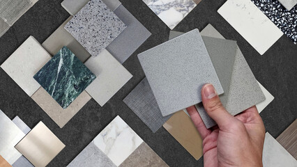 interior architect compare grainy quartz samples with ceramic tiles, artificial stones, marbles,...