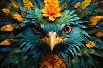 Obraz premium Bird with fantasy green feathers on a beautiful branch.